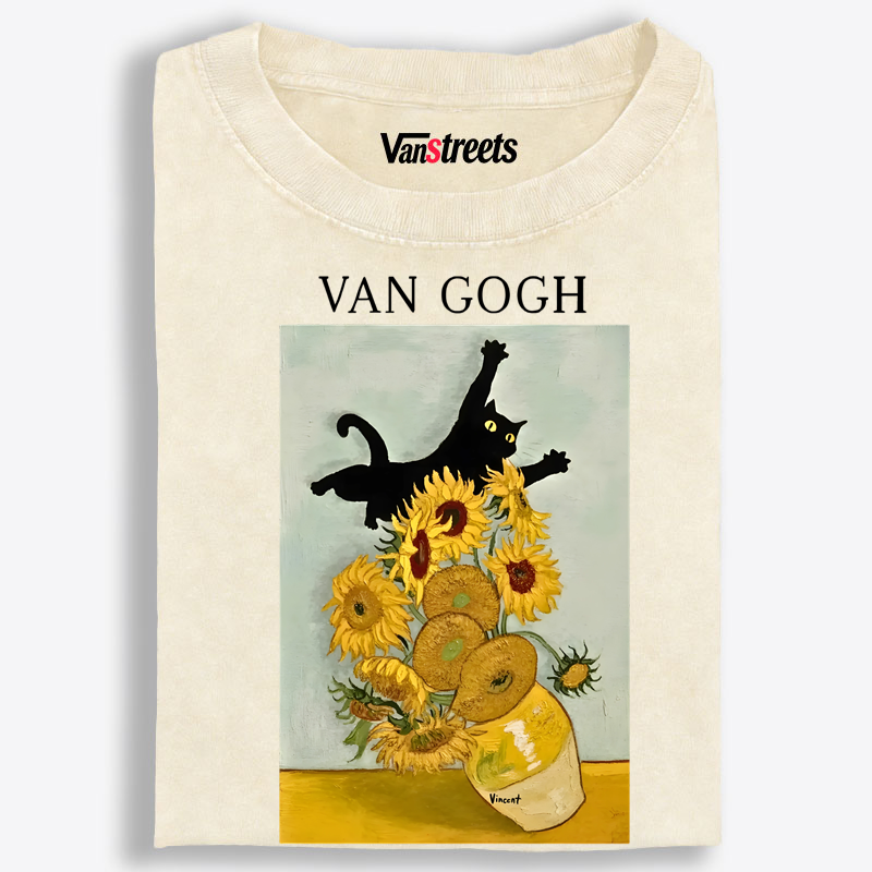 Funny Van Gogh Art Cat Graphic Washed T-Shirt | 100% Cotton | Streetwear Essential