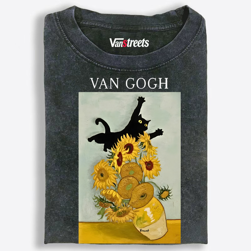 Funny Van Gogh Art Cat Graphic Washed T-Shirt | 100% Cotton | Streetwear Essential