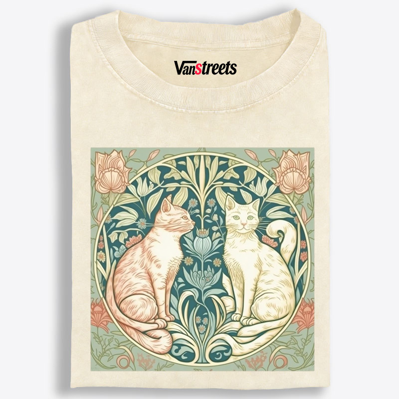 Art Nouveau Floral Cats Graphic Washed T-Shirt | 100% Cotton | Streetwear Essential