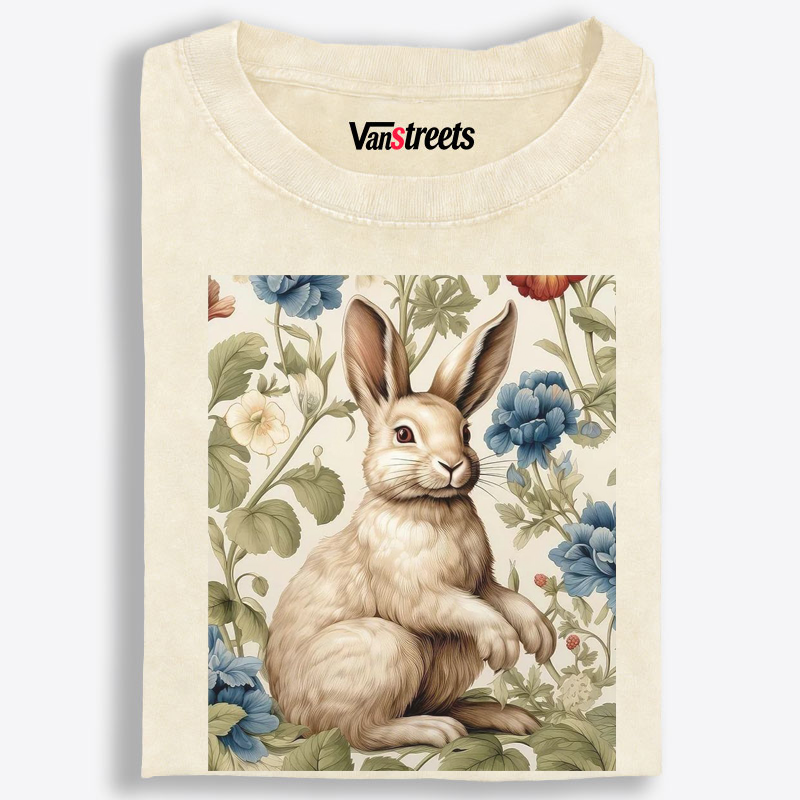 Vintage Floral Rabbit Art Washed T-Shirt | 100% Cotton | Streetwear Essential
