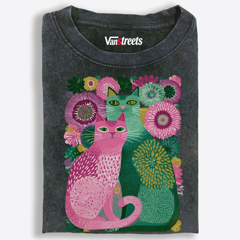 Floral Cats Retro Washed T-Shirt | 100% Cotton | Streetwear Essential