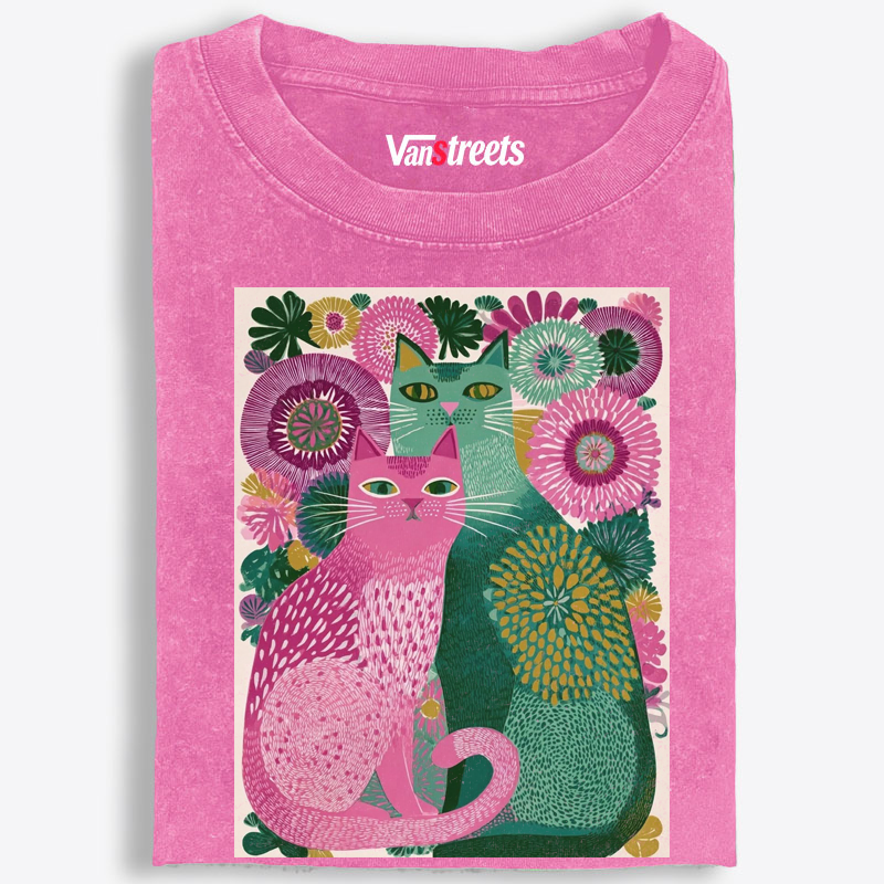 Floral Cats Retro Washed T-Shirt | 100% Cotton | Streetwear Essential