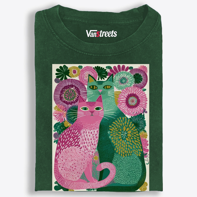 Floral Cats Retro Washed T-Shirt | 100% Cotton | Streetwear Essential