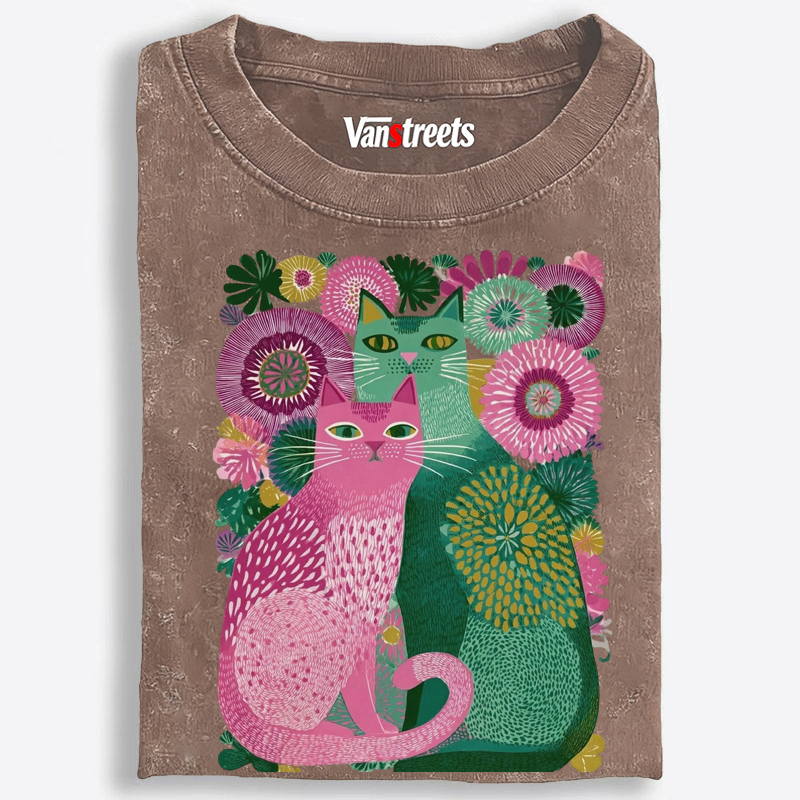 Floral Cats Retro Washed T-Shirt | 100% Cotton | Streetwear Essential