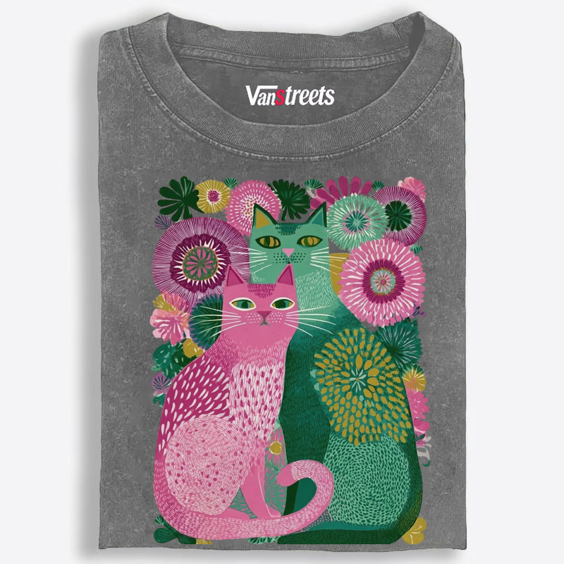 Floral Cats Retro Washed T-Shirt | 100% Cotton | Streetwear Essential