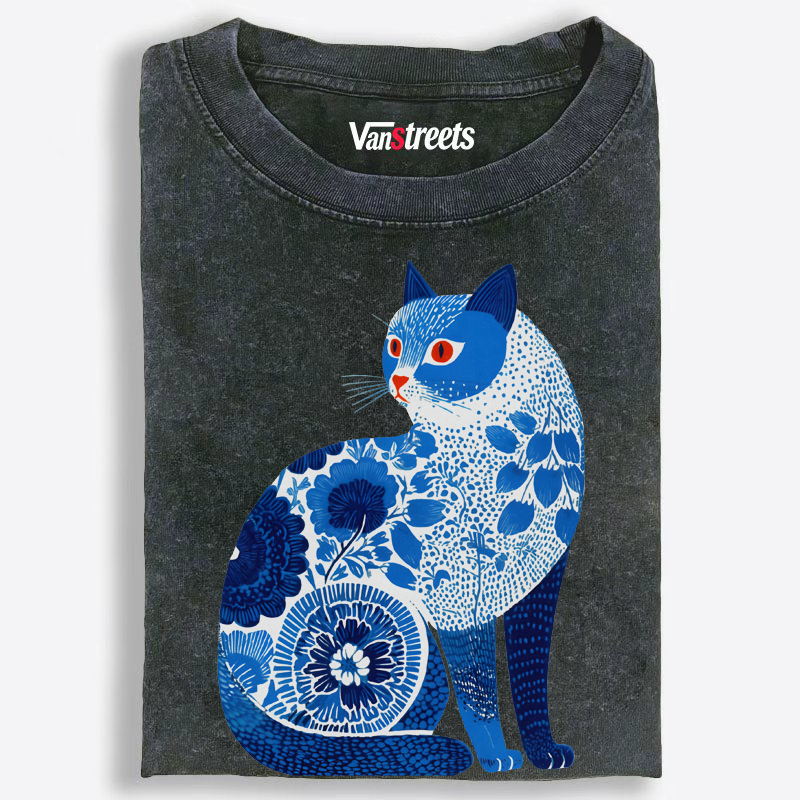 Blue Floral Folk Art Cat Washed T-Shirt | 100% Cotton | Streetwear Essential