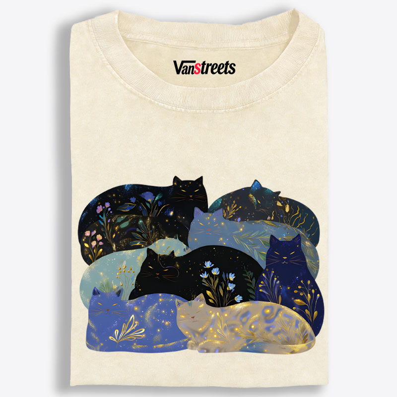 Galaxy Starry Cat Group Graphic Washed T-Shirt | 100% Cotton | Streetwear Essential
