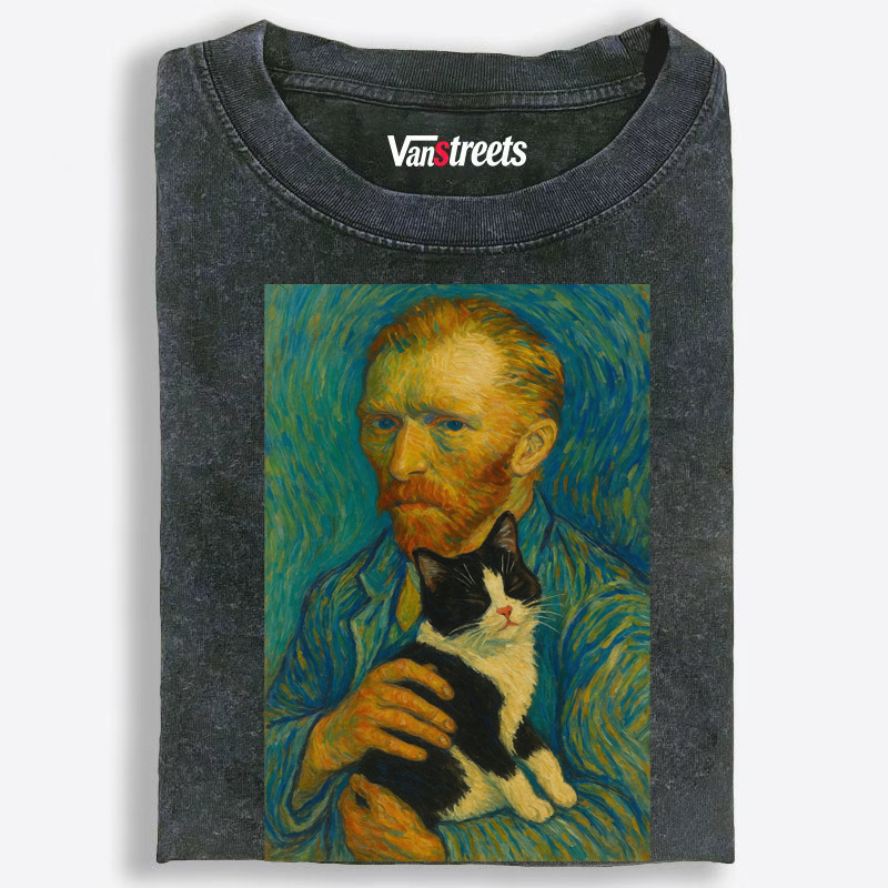 Van Gogh Self Portrait with Cat Washed T-Shirt | 100% Cotton | Streetwear Essential
