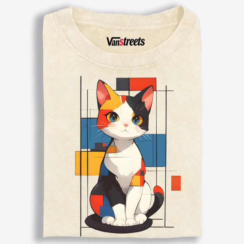 Mondrian Style Calico Cat Art Washed T-Shirt | 100% Cotton | Streetwear Essential