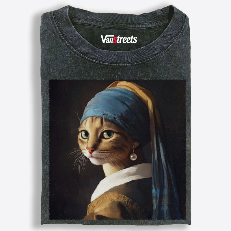 Girl with a Pearl Earring Cat Portrait Washed T-Shirt | 100% Cotton | Streetwear Essential