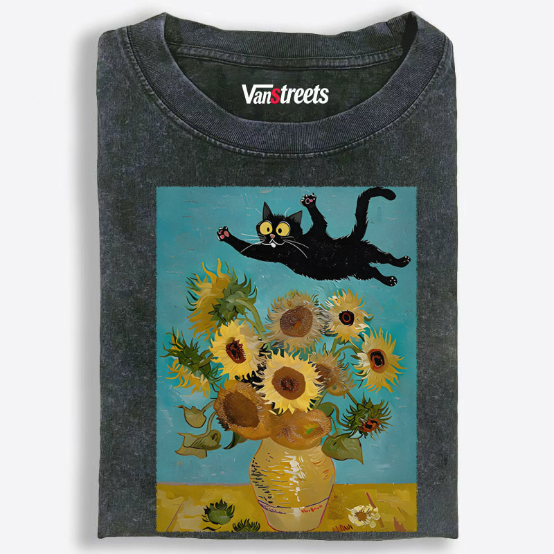 Van Gogh Sunflowers Black Cat Washed T-Shirt | 100% Cotton | Streetwear Essential