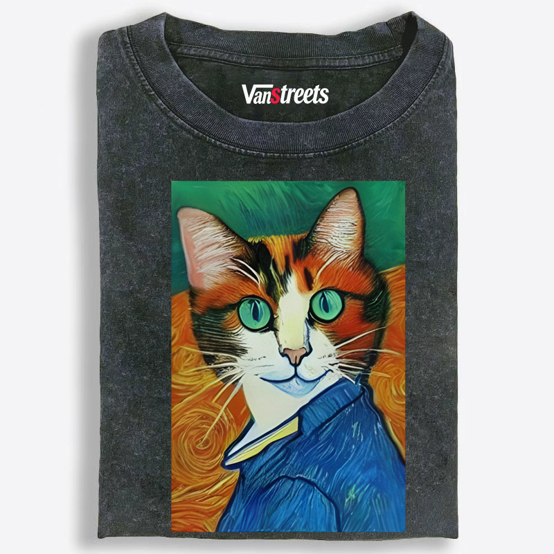 Van Gogh Self Portrait Calico Cat Washed T-Shirt | 100% Cotton | Streetwear Essential