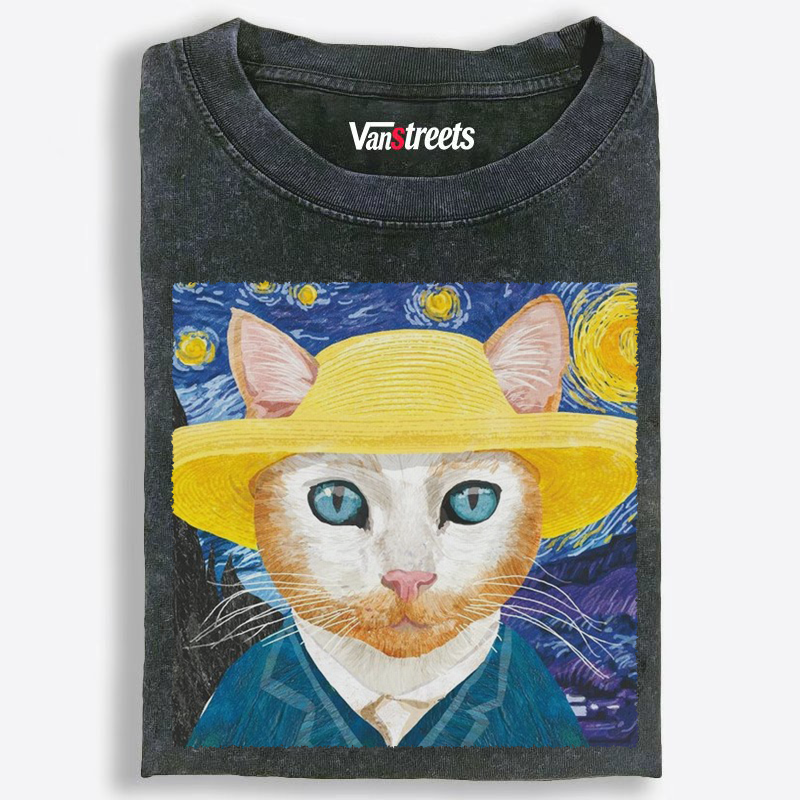 Starry Night Van Gogh Cat with Straw Hat Washed T-Shirt | 100% Cotton | Streetwear Essential