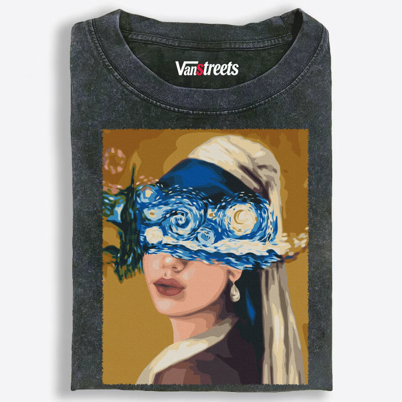 Girl with a Pearl Earring Starry Night Crossover Washed T-Shirt | 100% Cotton | Streetwear Essential