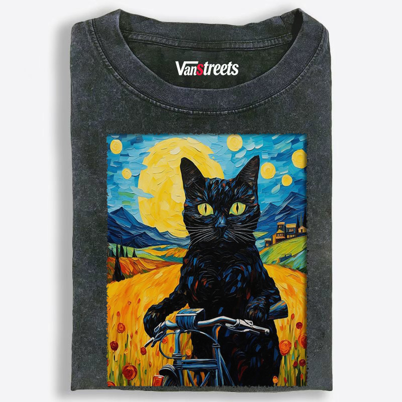 Starry Night Black Cat on Bicycle Washed T-Shirt | 100% Cotton | Streetwear Essential