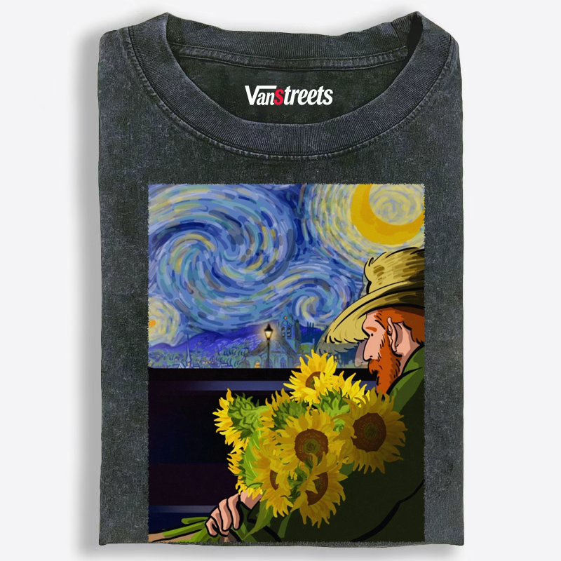 Whimsical Van Gogh Night Scene Washed T-Shirt | 100% Cotton | Streetwear Essential