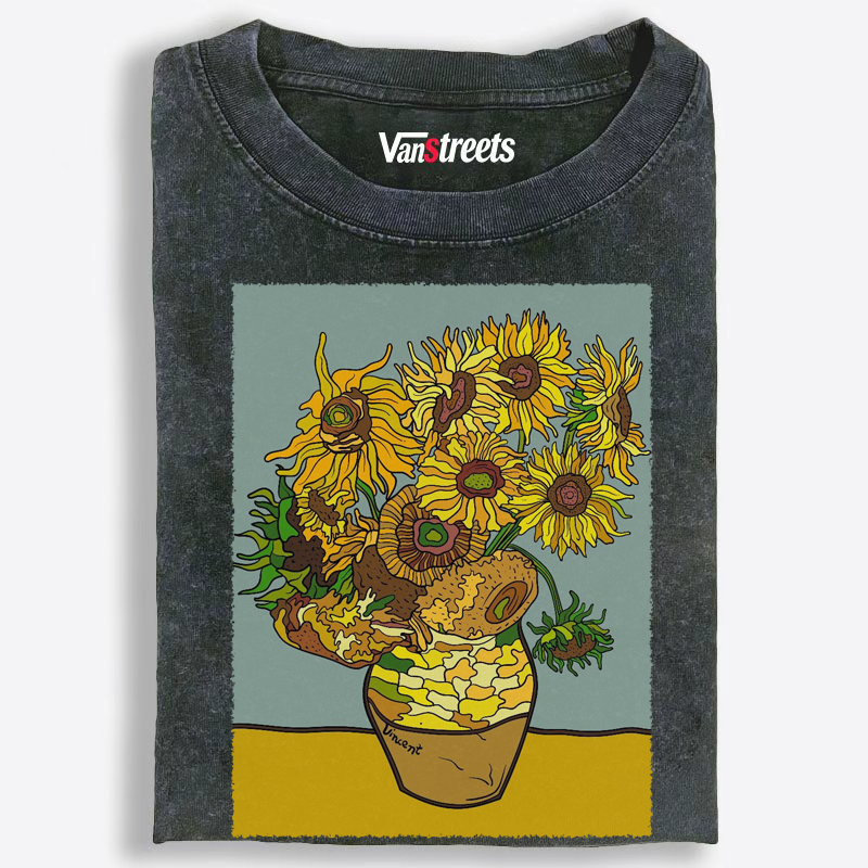 Retro Van Gogh Sunflowers Line Art Washed T-Shirt | 100% Cotton | Streetwear Essential