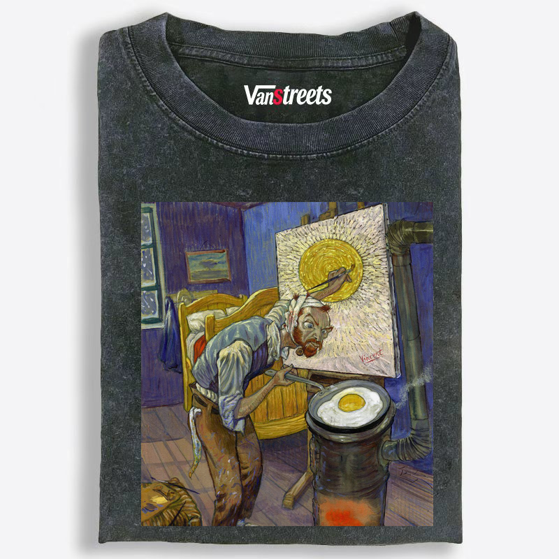 Funny Van Gogh Frying Egg Art Washed T-Shirt | 100% Cotton | Streetwear Essential