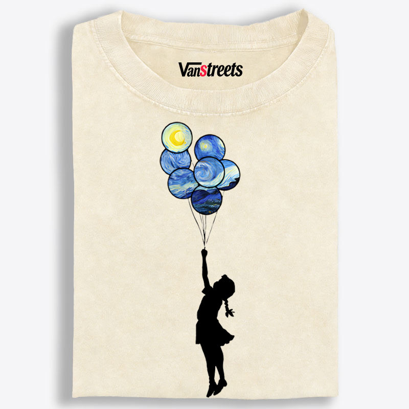 Banksy Girl with Van Gogh Starry Night Balloons Washed T-Shirt | 100% Cotton | Streetwear Essential