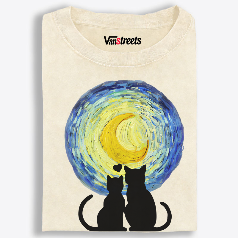 Romantic Van Gogh Cats in Love Washed T-Shirt | 100% Cotton | Streetwear Essential