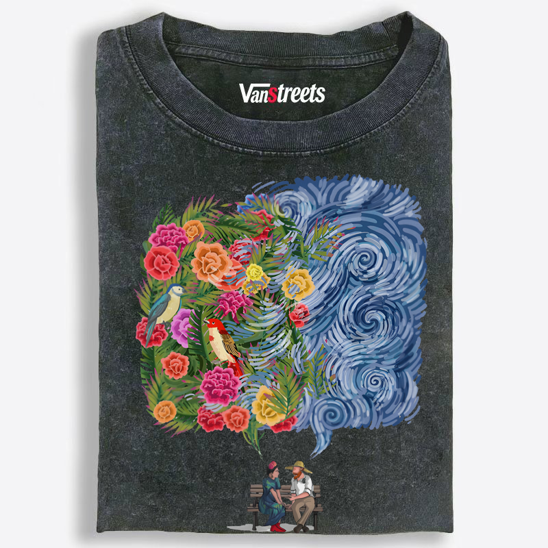 Frida & Van Gogh Starry Night Floral Collage Washed T-Shirt | 100% Cotton | Streetwear Essential