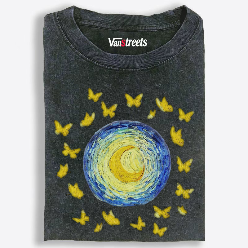 Whimsical Van Gogh Night Sky Washed T-Shirt | 100% Cotton | Streetwear Essential