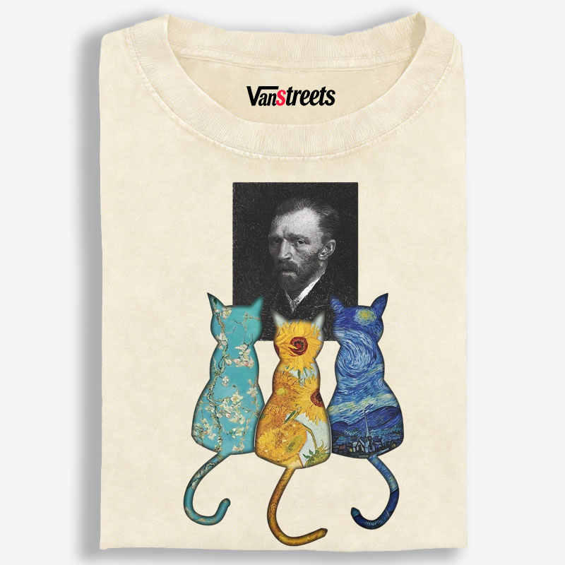 Van Gogh Masterpiece Cats Silhouette Washed T-Shirt | 100% Cotton | Streetwear Essential