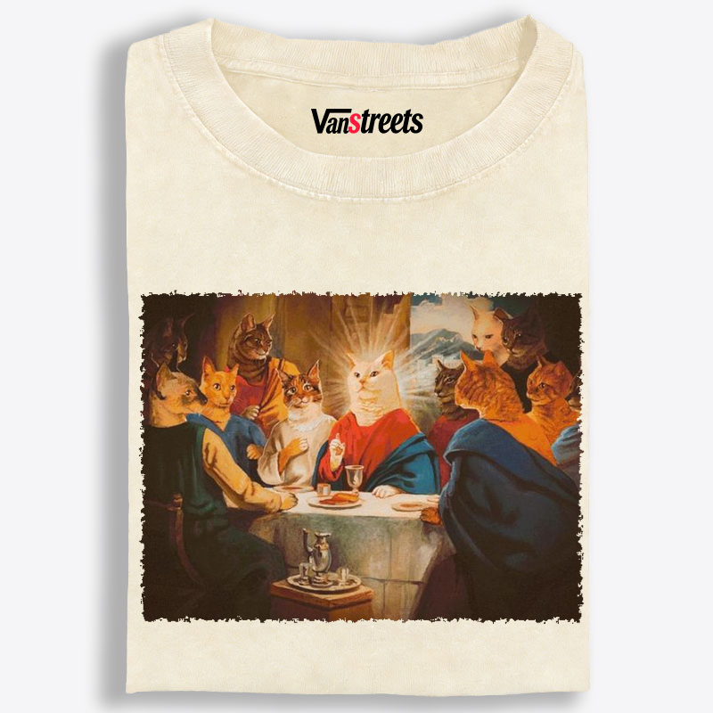 Cat Last Supper Parody Washed T-Shirt | 100% Cotton | Streetwear Essential