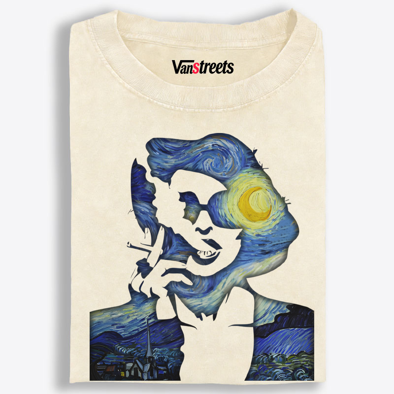 Starry Night Silhouette Retro Woman Washed T-Shirt | 100% Cotton | Streetwear Essential