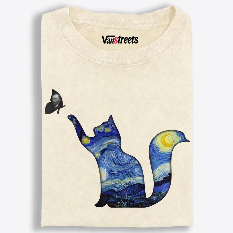 Whimsical Van Gogh Cat Washed T-Shirt | 100% Cotton | Streetwear Essential