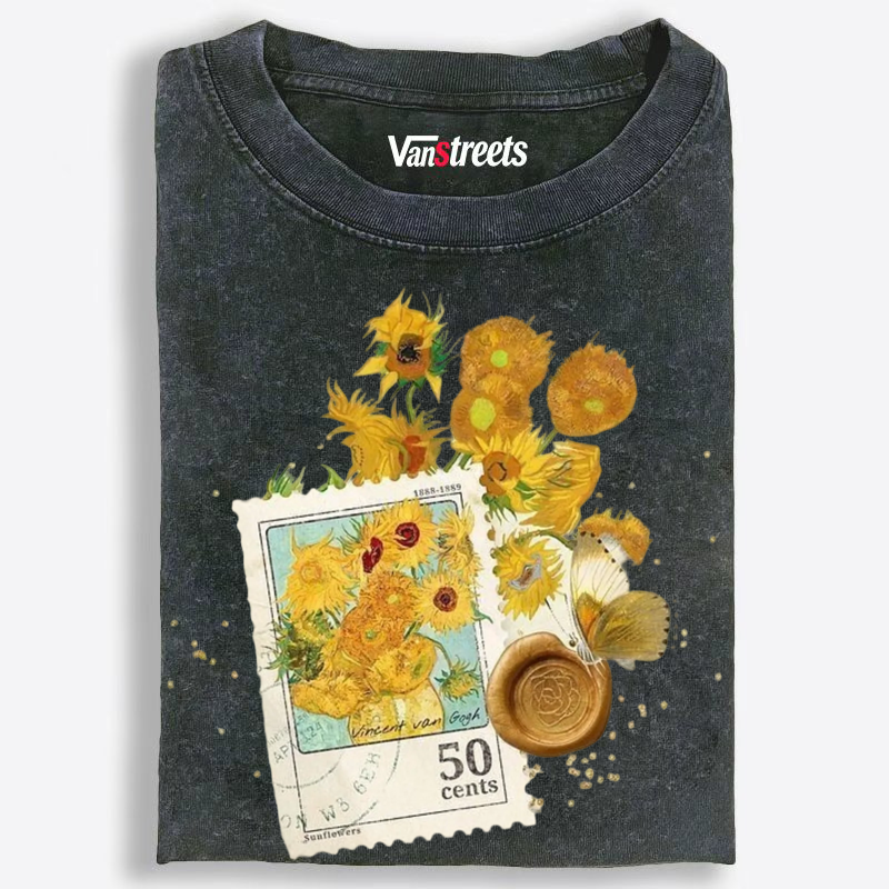 Vintage Van Gogh Sunflowers Stamp Washed T-Shirt | 100% Cotton | Streetwear Essential