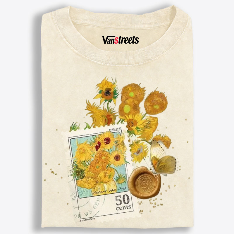 Vintage Van Gogh Sunflowers Stamp Washed T-Shirt | 100% Cotton | Streetwear Essential