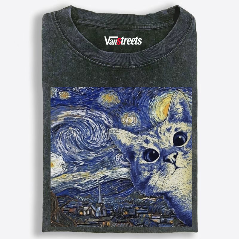 Starry Night Peeking Cat Washed T-Shirt | 100% Cotton | Streetwear Essential
