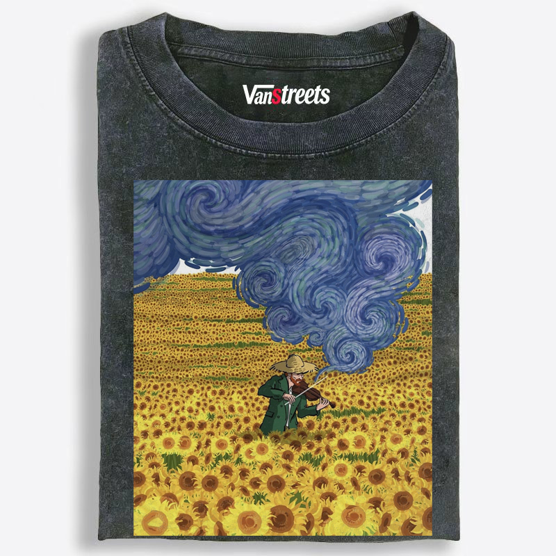 Van Gogh Playing Violin in Sunflower Field Washed T-Shirt | 100% Cotton | Streetwear Essential