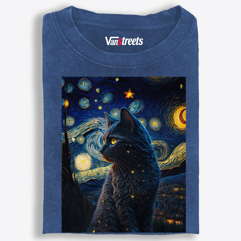 Mystical Black Cat in Starry Sky Washed T-Shirt | 100% Cotton | Streetwear Essential