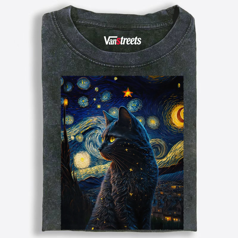 Mystical Black Cat in Starry Sky Washed T-Shirt | 100% Cotton | Streetwear Essential
