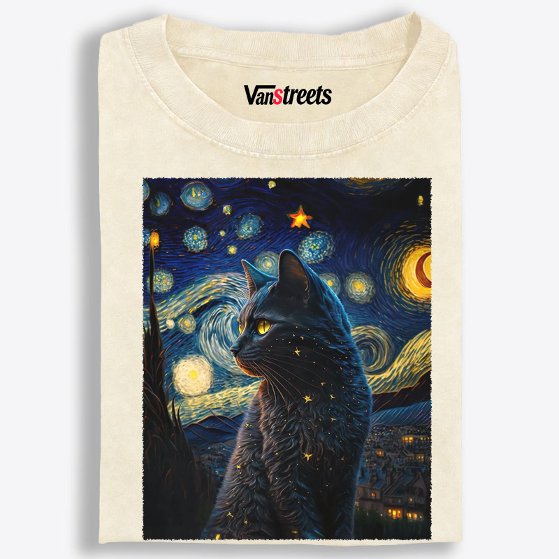 Mystical Black Cat in Starry Sky Washed T-Shirt | 100% Cotton | Streetwear Essential
