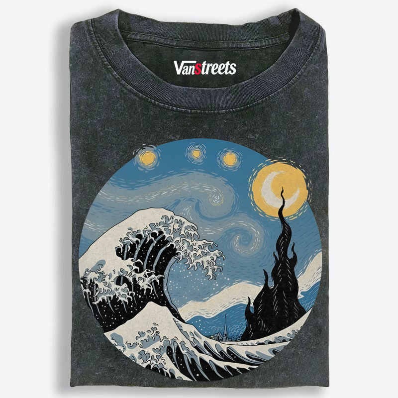 The Great Wave x Starry Night Crossover Washed T-Shirt | 100% Cotton | Streetwear Essential