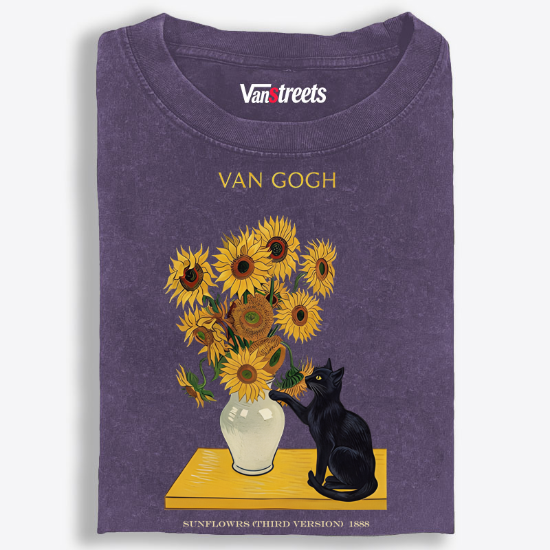 Curious Cat Touching Sunflowers Washed T-Shirt | 100% Cotton | Streetwear Essential