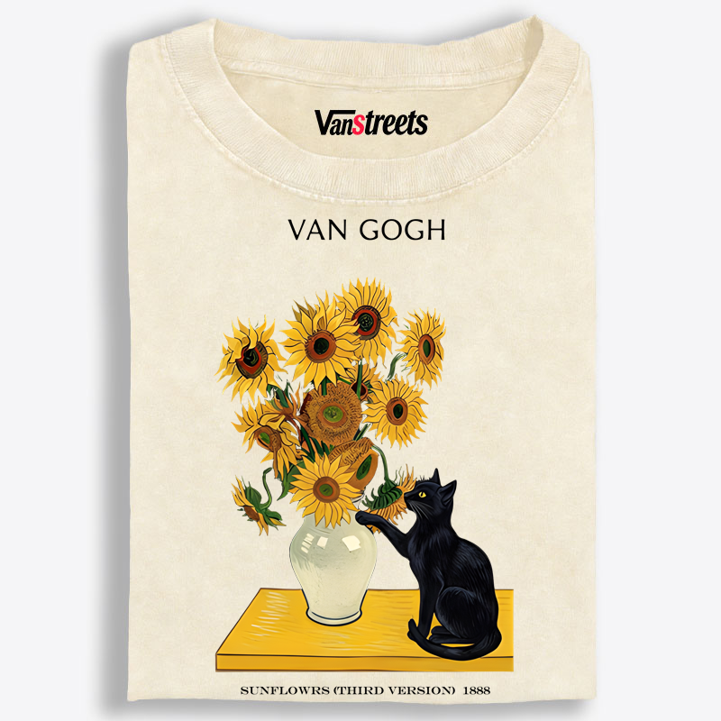 Curious Cat Touching Sunflowers Washed T-Shirt | 100% Cotton | Streetwear Essential