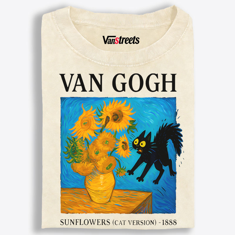 Mischievous Black Cat & Sunflowers Washed T-Shirt | 100% Cotton | Streetwear Essential