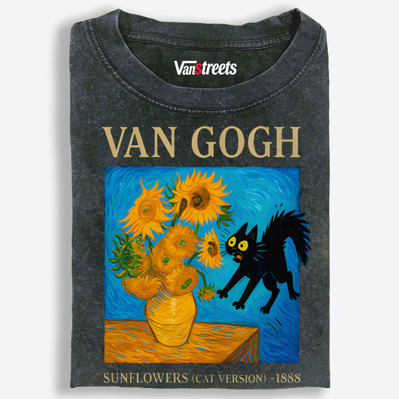 Mischievous Black Cat & Sunflowers Washed T-Shirt | 100% Cotton | Streetwear Essential
