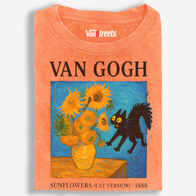 Mischievous Black Cat & Sunflowers Washed T-Shirt | 100% Cotton | Streetwear Essential