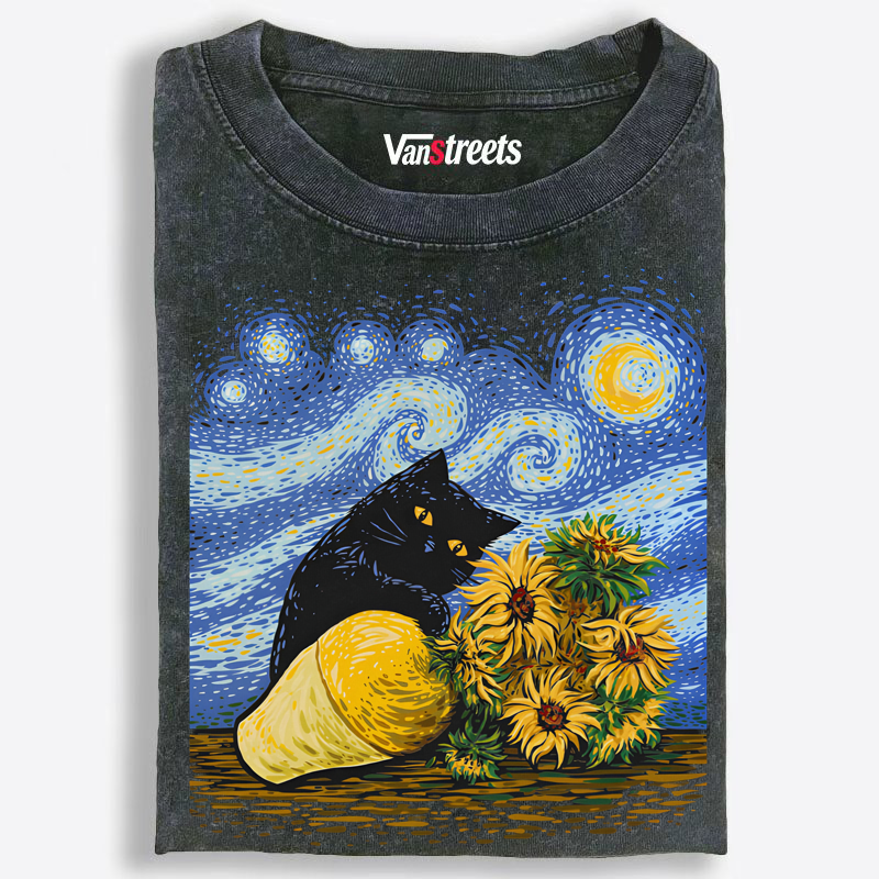 Starry Night Black Cat with Sunflowers Washed T-Shirt | 100% Cotton | Streetwear Essential