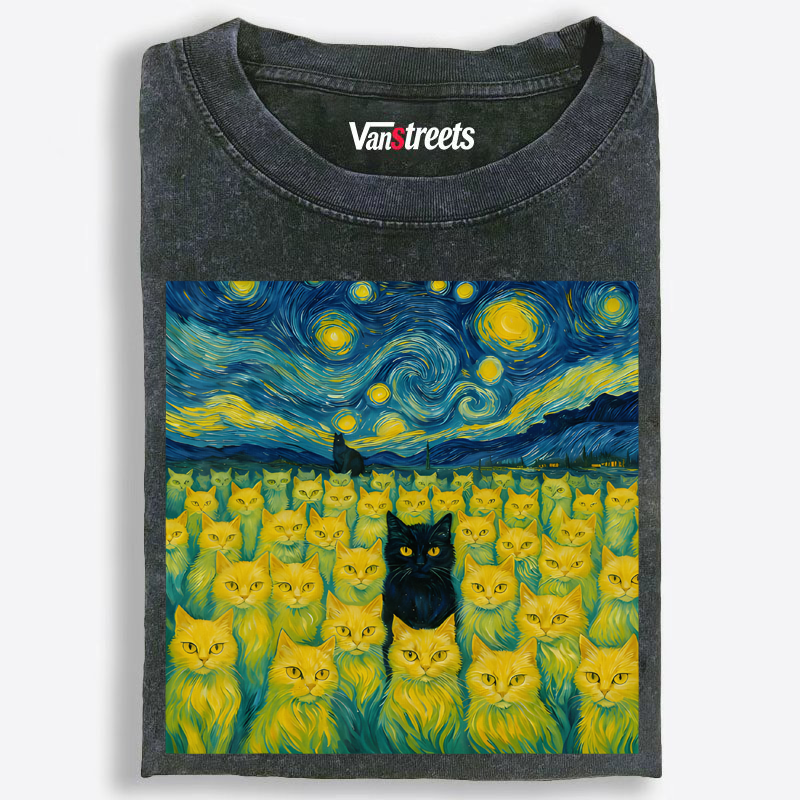 Van Gogh Inspired Cat Swarm Washed T-Shirt | 100% Cotton | Streetwear Essential