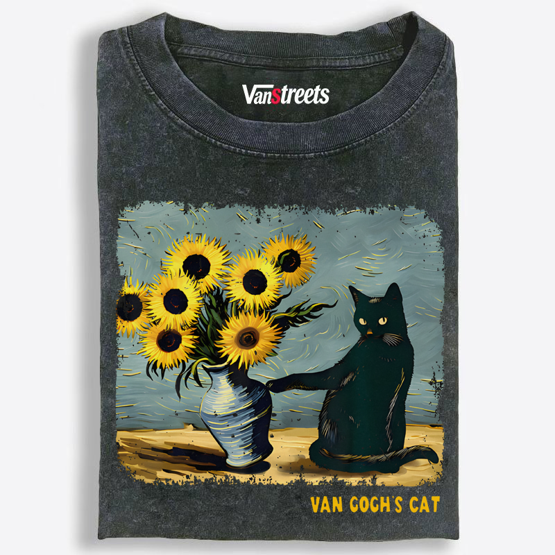 Curious Black Cat Touching Sunflowers Washed T-Shirt | 100% Cotton | Streetwear Essential