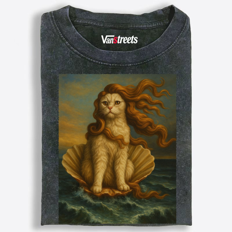 Cat Venus Birth of Venus Parody Washed T-Shirt | 100% Cotton | Streetwear Essential
