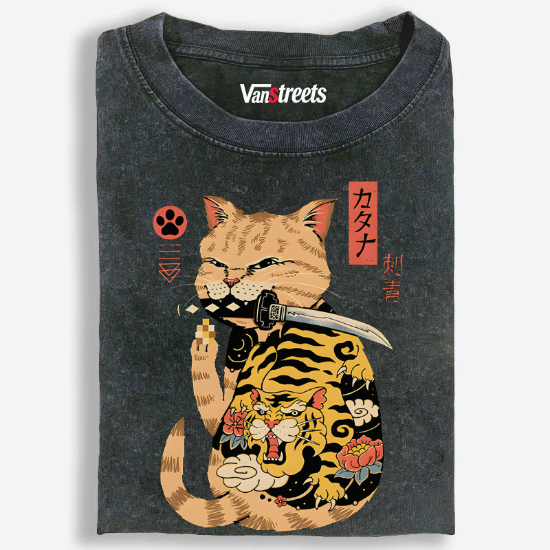 Fortune Cat Samurai Retro Washed T-Shirt | 100% Cotton | Streetwear Essential