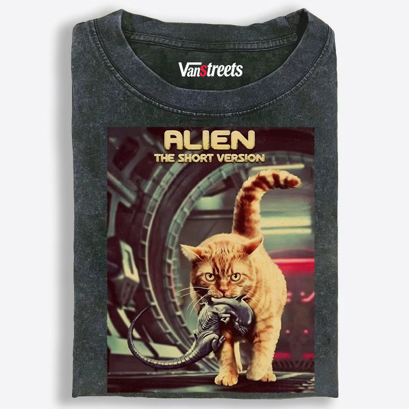 Orange Cat vs. Alien Retro Washed T-Shirt | 100% Cotton | Streetwear Essential