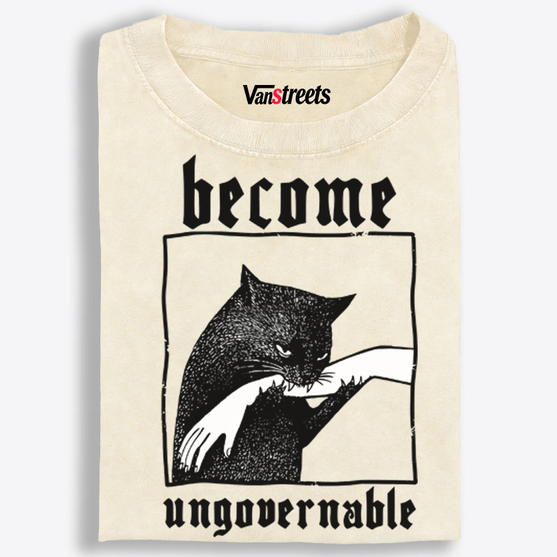 Become Ungovernable Cat Retro Washed T-Shirt | 100% Cotton | Streetwear Essential